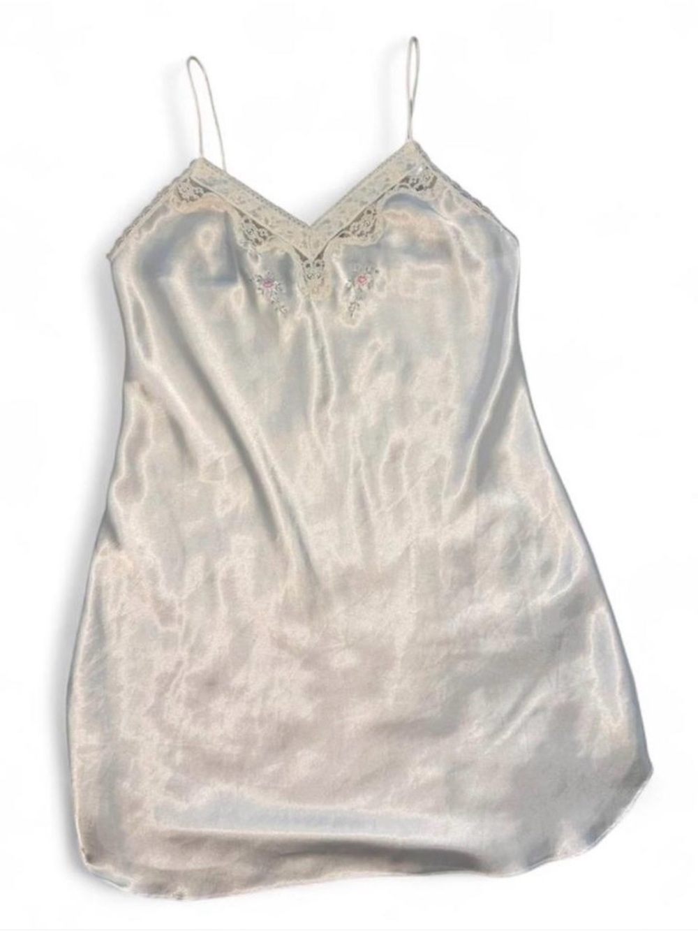 Bridal White silk slip dress with lace and embroidered floral details🐚